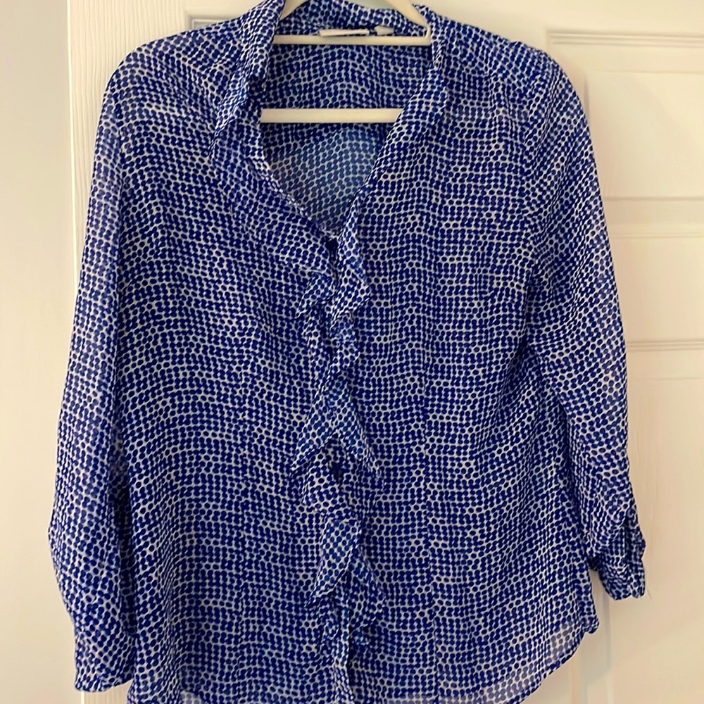 New York & Company blue polka dot ruffled blouse